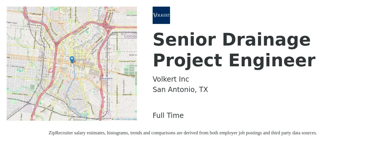 Volkert Inc job posting for a Senior Drainage Project Engineer in San Antonio, TX with a salary of $85,100 to $110,900 Yearly with a map of San Antonio location.