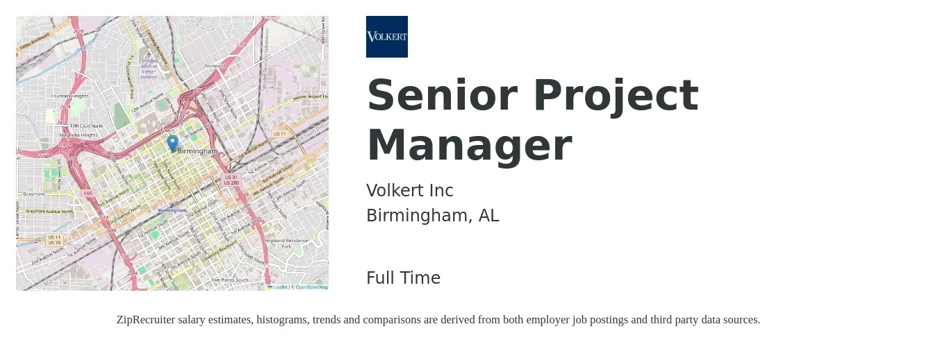 Volkert Inc job posting for a Senior Project Manager in Birmingham, AL with a salary of $97,000 to $136,900 Yearly with a map of Birmingham location.