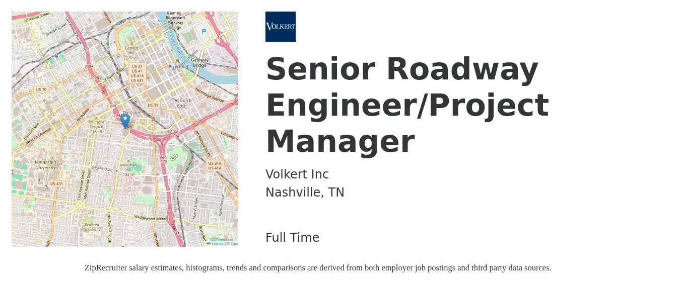 Volkert Inc job posting for a Senior Roadway Engineer/Project Manager in Nashville, TN with a salary of $95,600 to $124,600 Yearly with a map of Nashville location.