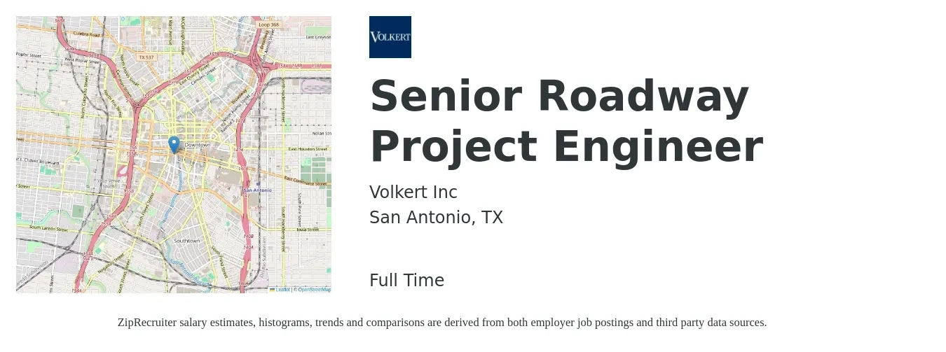 Volkert Inc job posting for a Senior Roadway Project Engineer in San Antonio, TX with a salary of $85,100 to $110,900 Yearly with a map of San Antonio location.