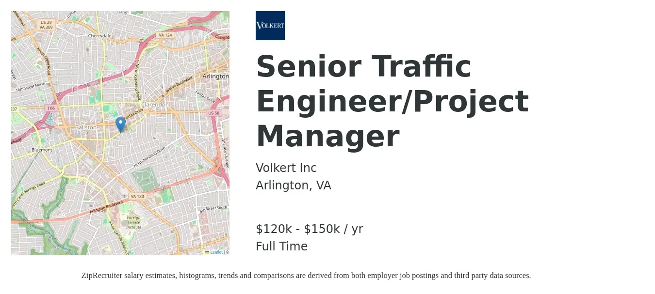 Volkert Inc job posting for a Senior Traffic Engineer/Project Manager in Arlington, VA with a salary of $120,000 to $150,000 Yearly with a map of Arlington location.