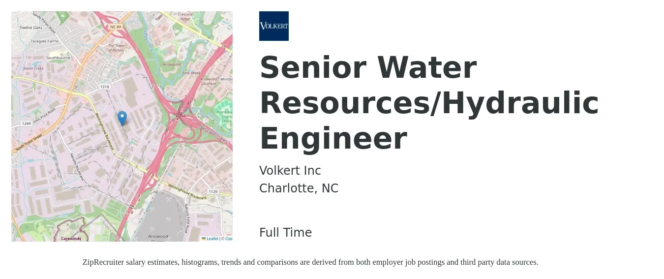 Volkert Inc job posting for a Senior Water Resources/Hydraulic Engineer in Charlotte, NC with a salary of $89,900 to $128,900 Yearly with a map of Charlotte location.