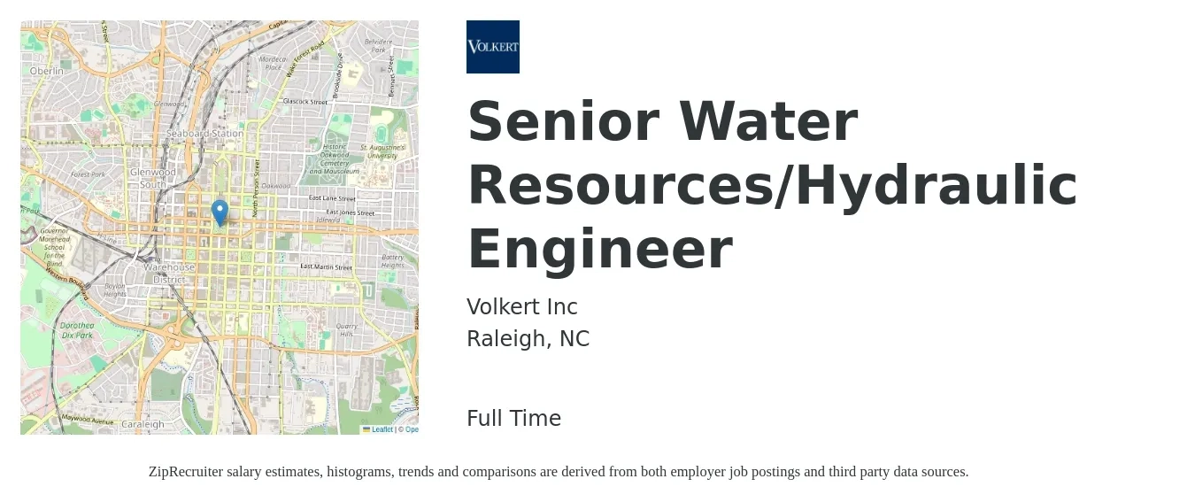 Volkert Inc job posting for a Senior Water Resources/Hydraulic Engineer in Raleigh, NC with a salary of $84,300 to $121,000 Yearly with a map of Raleigh location.