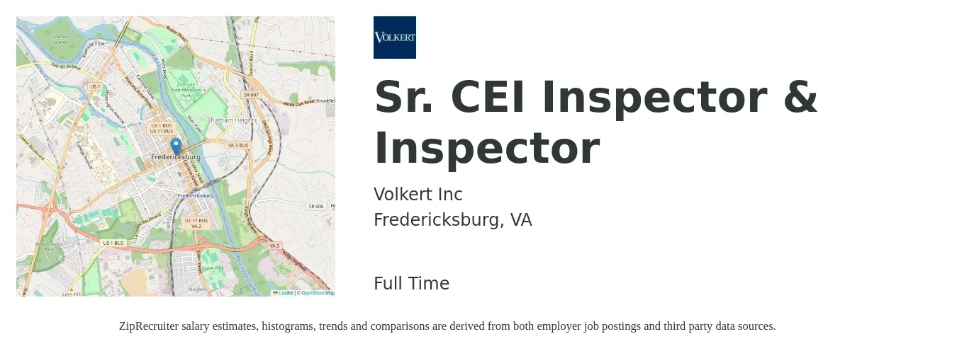 Volkert Inc job posting for a Sr. CEI Inspector & Inspector in Fredericksburg, VA with a salary of $28 to $42 Hourly with a map of Fredericksburg location.