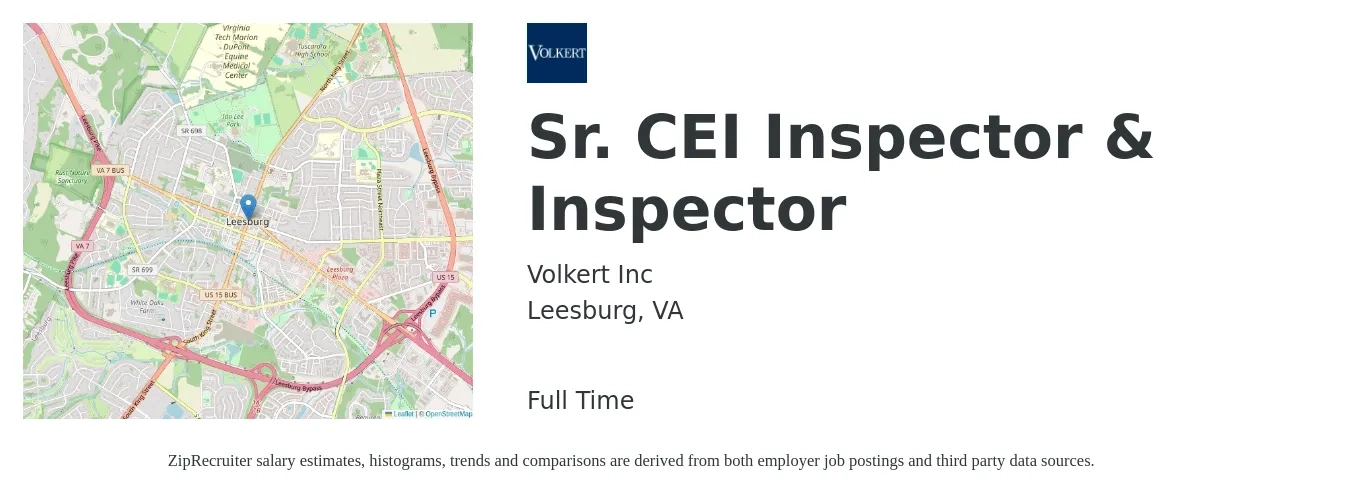 Volkert Inc job posting for a Sr. CEI Inspector & Inspector in Leesburg, VA with a salary of $30 to $44 Hourly with a map of Leesburg location.