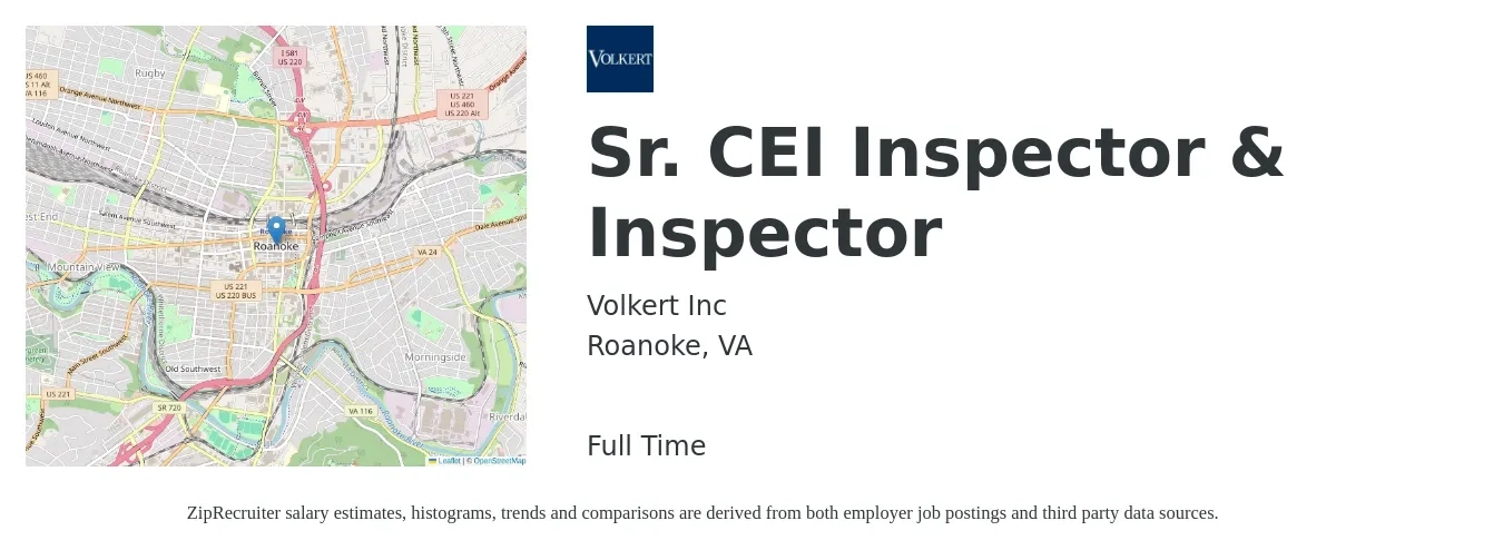 Volkert Inc job posting for a Sr. CEI Inspector & Inspector in Roanoke, VA with a salary of $28 to $41 Hourly with a map of Roanoke location.