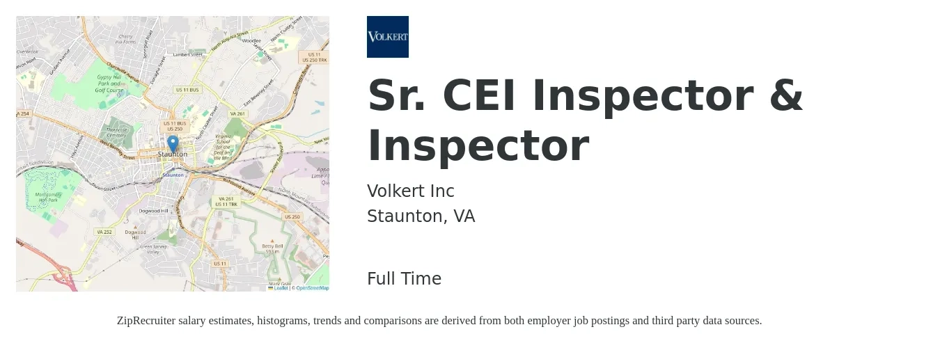 Volkert Inc job posting for a Sr. CEI Inspector & Inspector in Staunton, VA with a salary of $28 to $41 Hourly with a map of Staunton location.