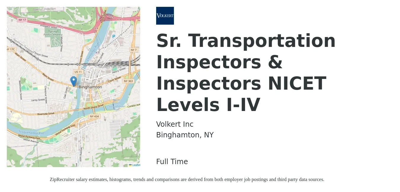 Volkert Inc job posting for a Sr. Transportation Inspectors & Inspectors NICET Levels I-IV in Binghamton, NY with a salary of $52,200 to $90,000 Yearly with a map of Binghamton location.