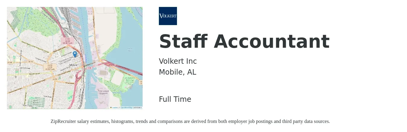 Volkert Inc job posting for a Staff Accountant in Mobile, AL with a salary of $54,800 to $72,200 Yearly with a map of Mobile location.