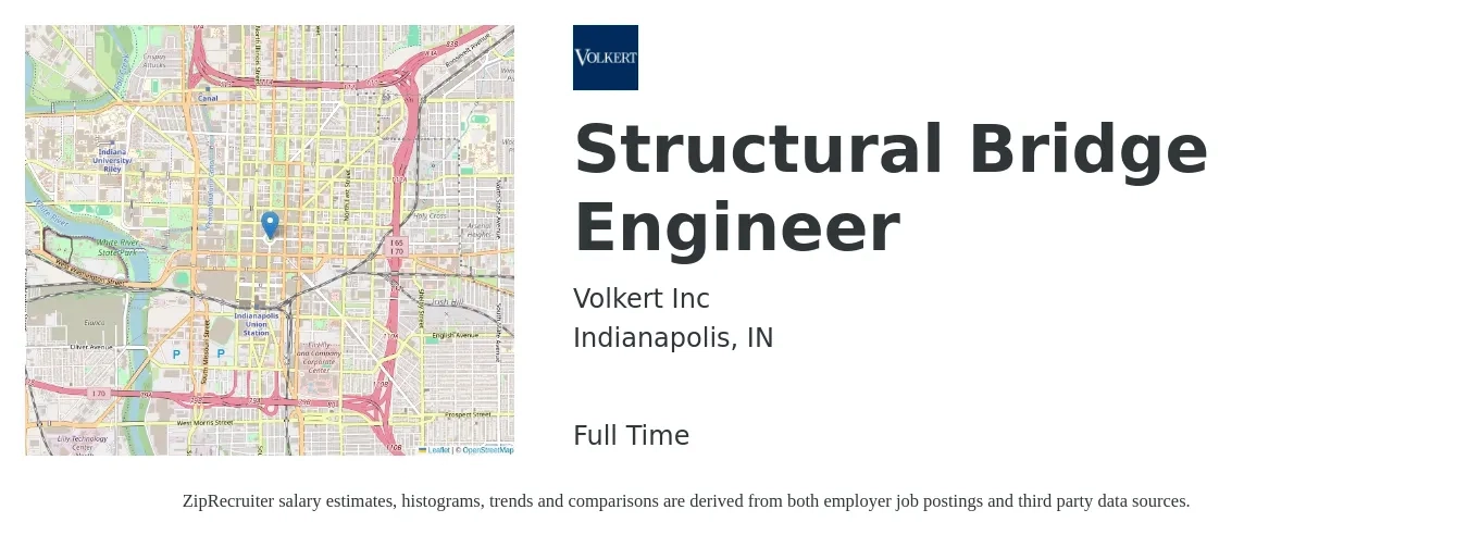 Volkert Inc job posting for a Structural Bridge Engineer in Indianapolis, IN with a salary of $76,500 to $108,000 Yearly with a map of Indianapolis location.