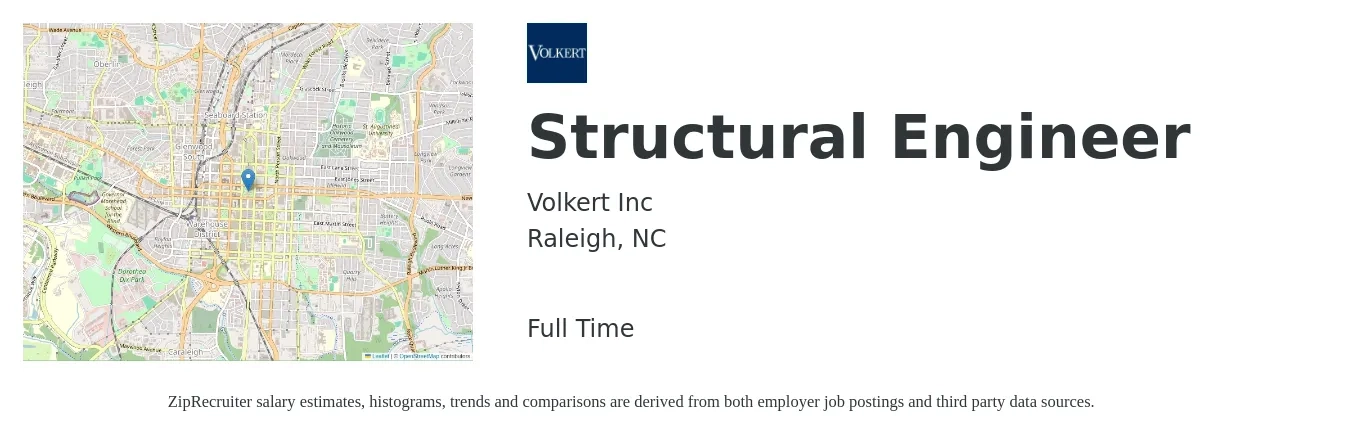 Volkert Inc job posting for a Structural Engineer in Raleigh, NC with a salary of $70,600 to $99,800 Yearly with a map of Raleigh location.