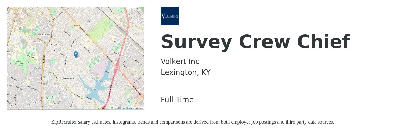 Volkert Inc job posting for a Survey Crew Chief in Lexington, KY with a salary of $22 to $32 Hourly with a map of Lexington location.