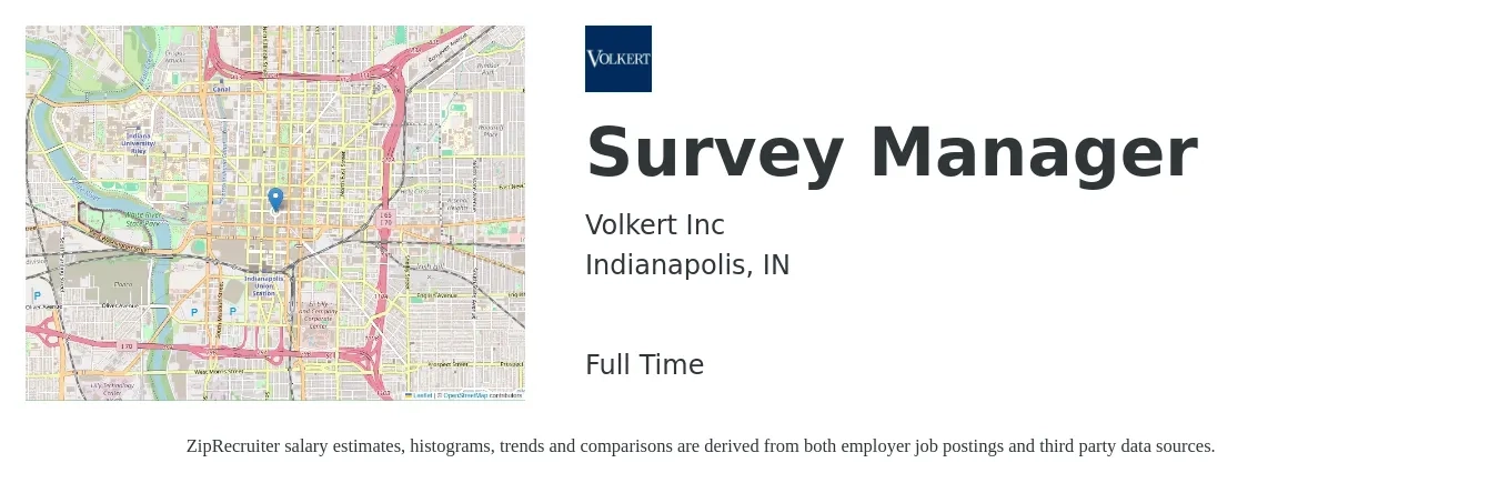 Volkert Inc job posting for a Survey Manager in Indianapolis, IN with a salary of $80,300 to $114,700 Yearly with a map of Indianapolis location.