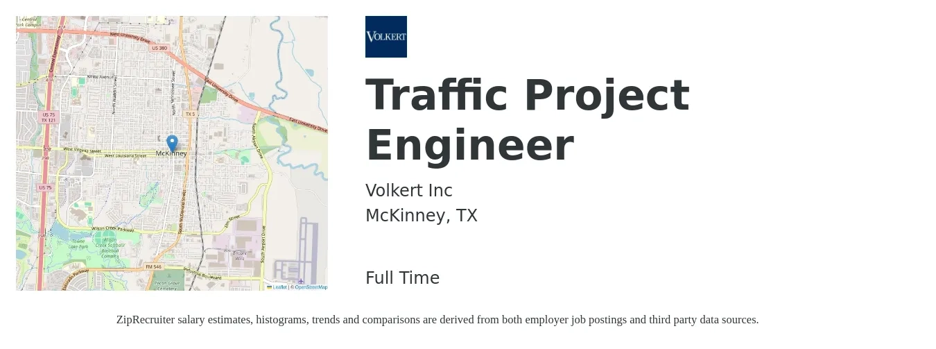 Volkert Inc job posting for a Traffic Project Engineer in McKinney, TX with a salary of $40,100 to $64,900 Yearly with a map of McKinney location.