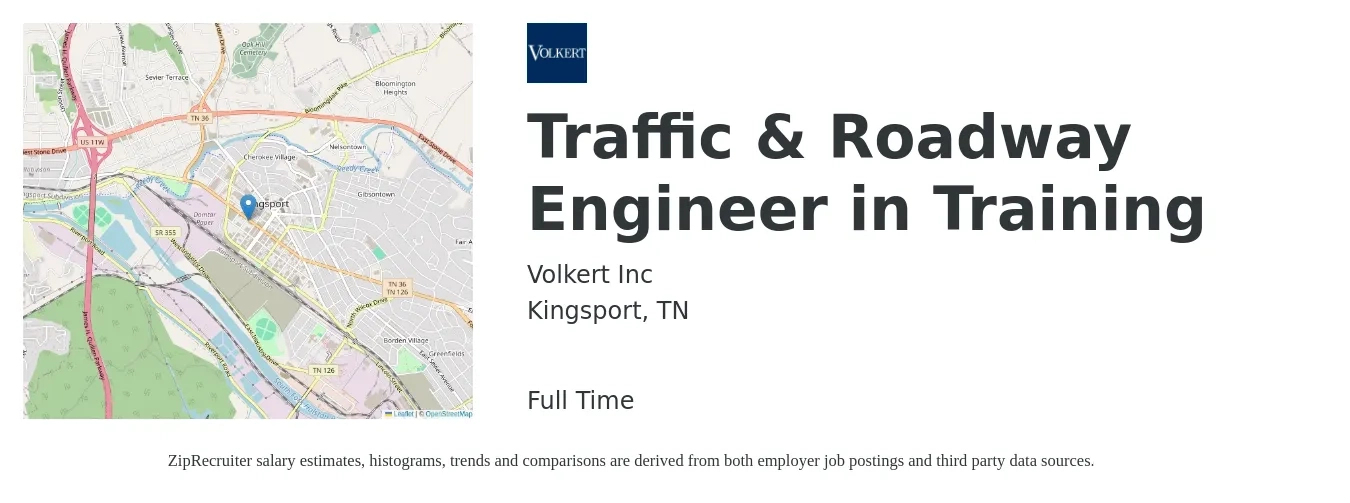 Volkert Inc job posting for a Traffic & Roadway Engineer in Training in Kingsport, TN with a salary of $41,900 to $67,800 Yearly with a map of Kingsport location.