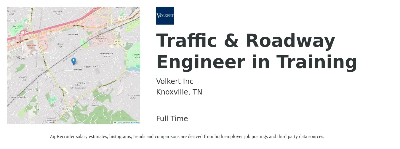 Volkert Inc job posting for a Traffic & Roadway Engineer in Training in Knoxville, TN with a salary of $38,300 to $61,900 Yearly with a map of Knoxville location.
