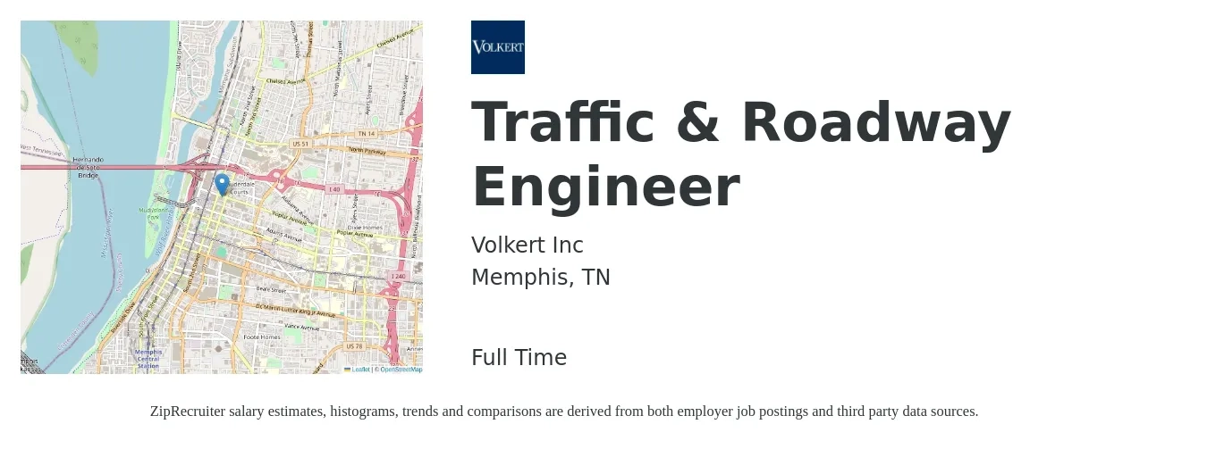Volkert Inc job posting for a Traffic & Roadway Engineer in Memphis, TN with a salary of $71,800 to $101,300 Yearly with a map of Memphis location.