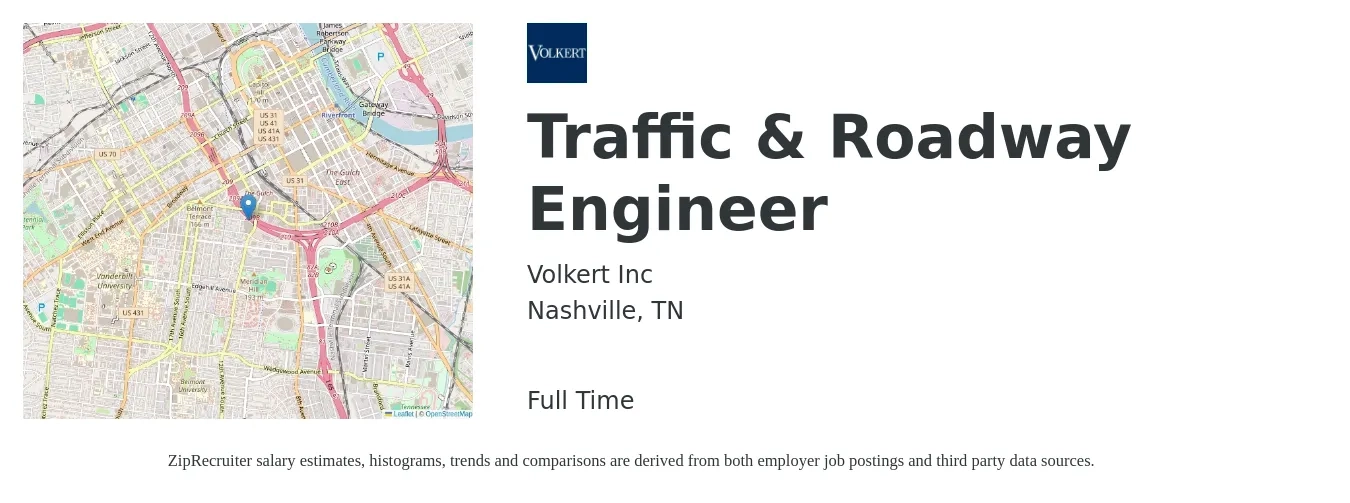 Volkert Inc job posting for a Traffic & Roadway Engineer in Nashville, TN with a salary of $77,800 to $109,600 Yearly with a map of Nashville location.