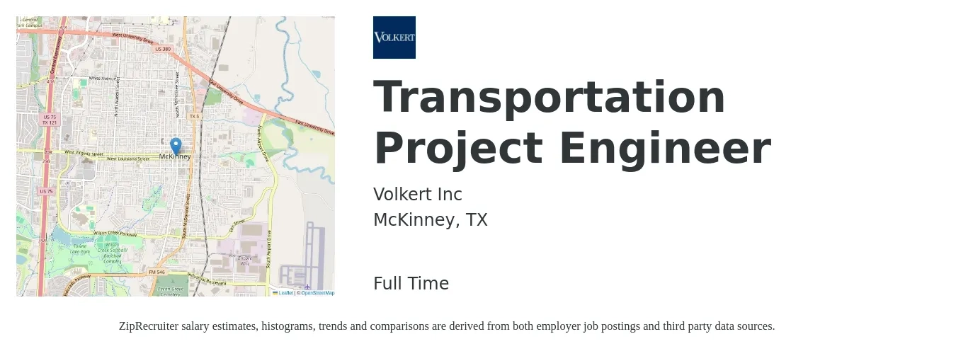 Volkert Inc job posting for a Transportation Project Engineer in McKinney, TX with a salary of $66,700 to $93,300 Yearly with a map of McKinney location.