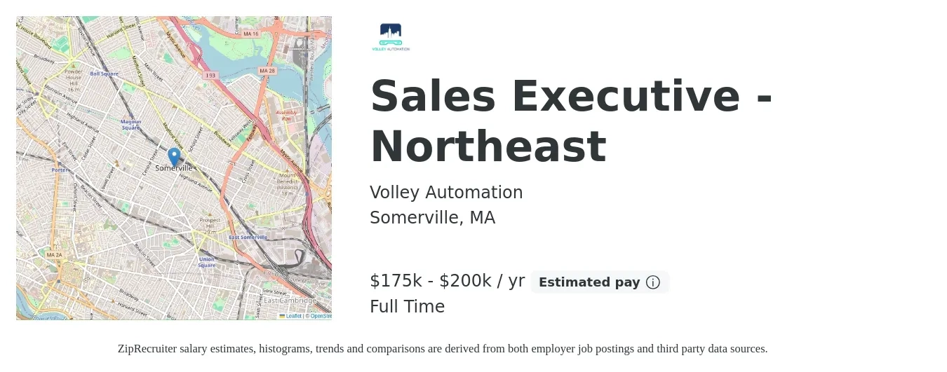 Volley Automation job posting for a Sales Executive - Northeast in Somerville, MA with a salary of $175,000 to $200,000 Yearly with a map of Somerville location.