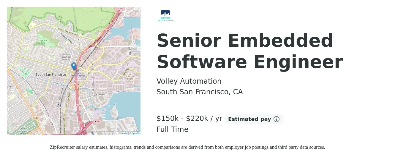 Volley Automation job posting for a Senior Embedded Software Engineer in South San Francisco, CA with a salary of $150,000 to $220,000 Yearly with a map of South San Francisco location.
