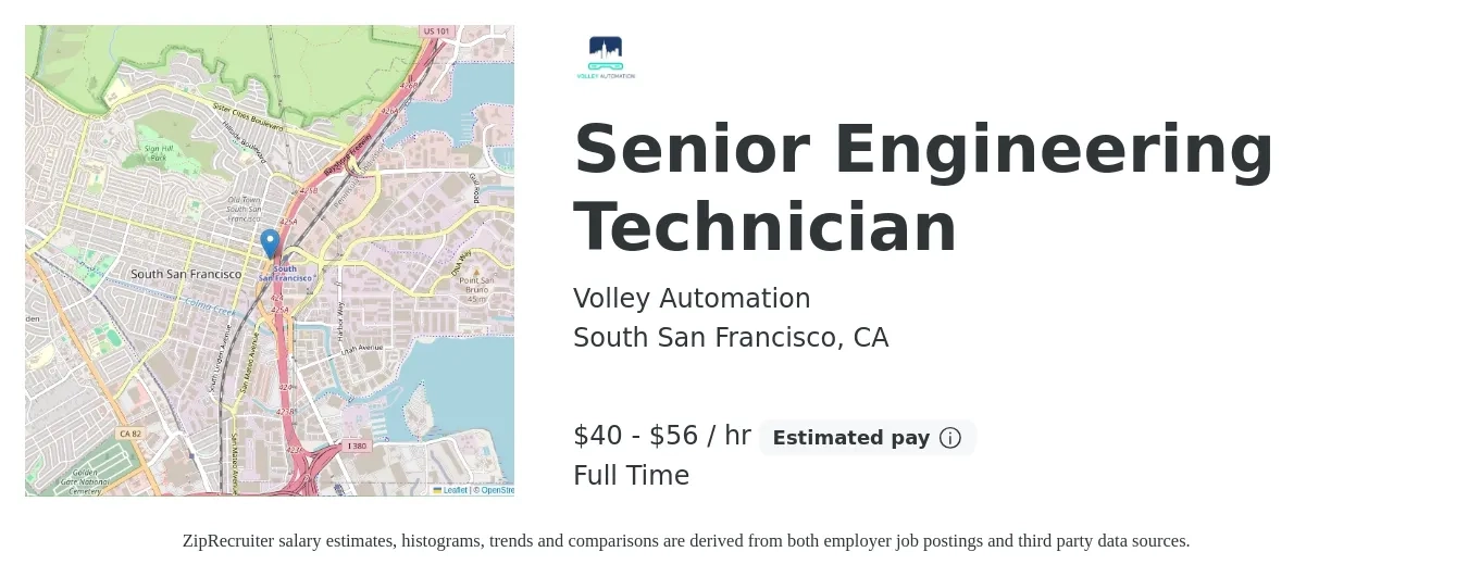 Volley Automation job posting for a Senior Engineering Technician in South San Francisco, CA with a salary of $42 to $59 Hourly with a map of South San Francisco location.
