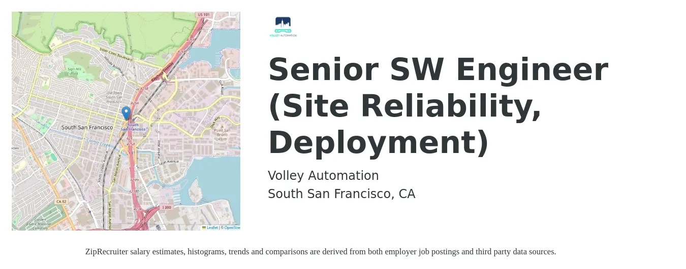 Volley Automation job posting for a Senior SW Engineer (Site Reliability, Deployment) in South San Francisco, CA with a salary of $150,000 to $200,000 Yearly with a map of South San Francisco location.