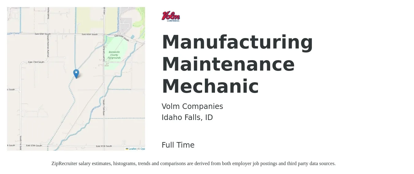Volm Companies job posting for a Manufacturing Maintenance Mechanic in Idaho Falls, ID with a salary of $25 to $31 Hourly with a map of Idaho Falls location.