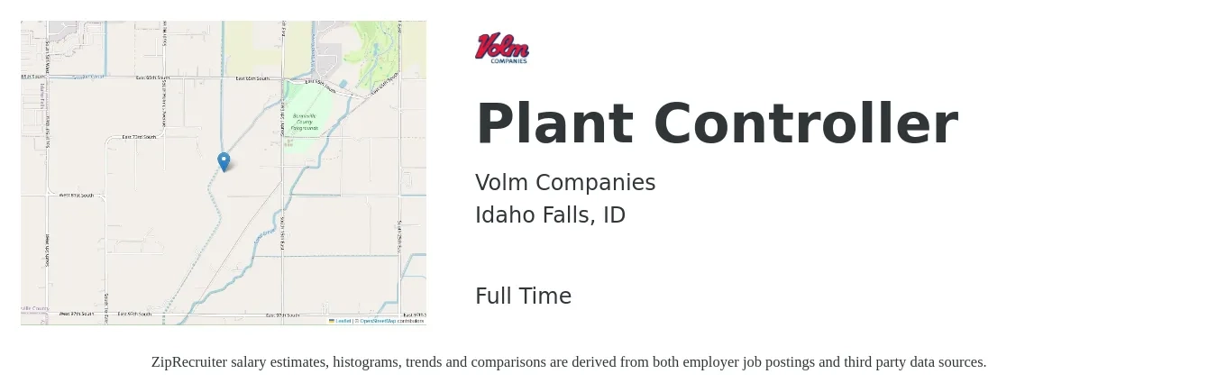 Volm Companies job posting for a Plant Controller in Idaho Falls, ID with a salary of $102,800 to $127,700 Yearly with a map of Idaho Falls location.