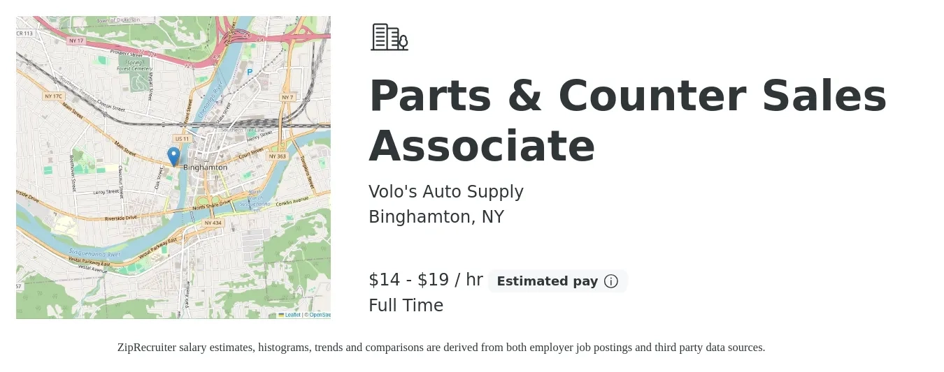 Volo's Auto Supply job posting for a Parts & Counter Sales Associate in Binghamton, NY with a salary of $15 to $20 Hourly with a map of Binghamton location.
