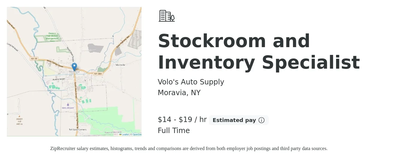 Volo's Auto Supply job posting for a Stockroom and Inventory Specialist in Moravia, NY with a salary of $15 to $20 Hourly with a map of Moravia location.