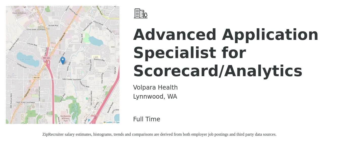 Volpara Health job posting for a Advanced Application Specialist for Scorecard/Analytics in Lynnwood, WA with a salary of $55,300 to $112,900 Yearly with a map of Lynnwood location.