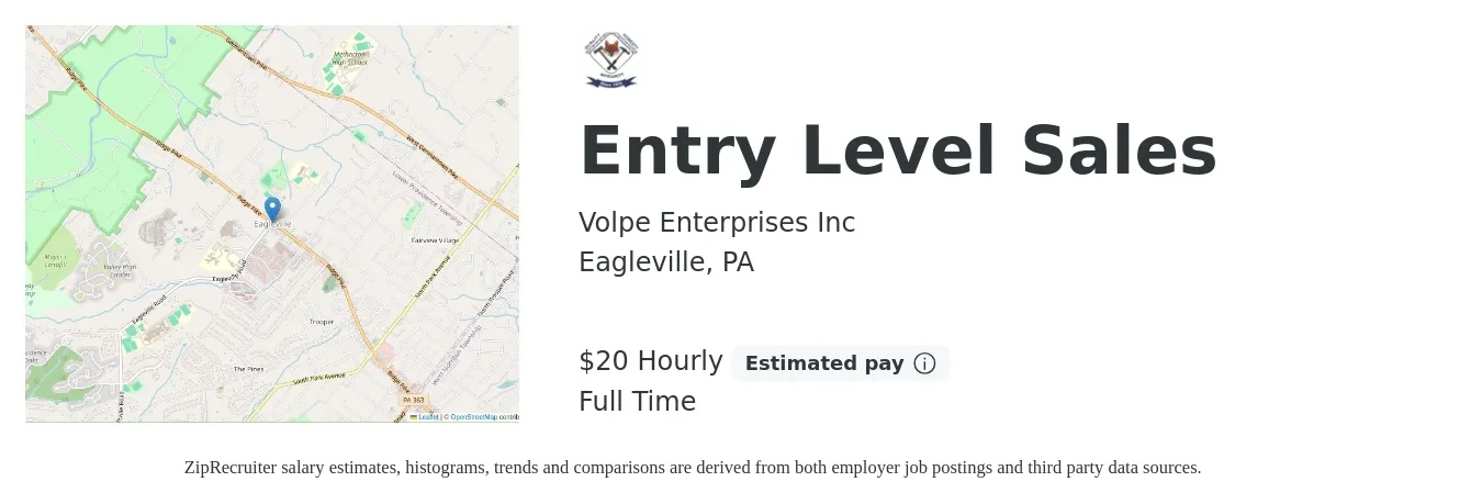 Volpe Enterprises Inc job posting for a Entry Level Sales in Eagleville, PA with a salary of $22 Hourly with a map of Eagleville location.