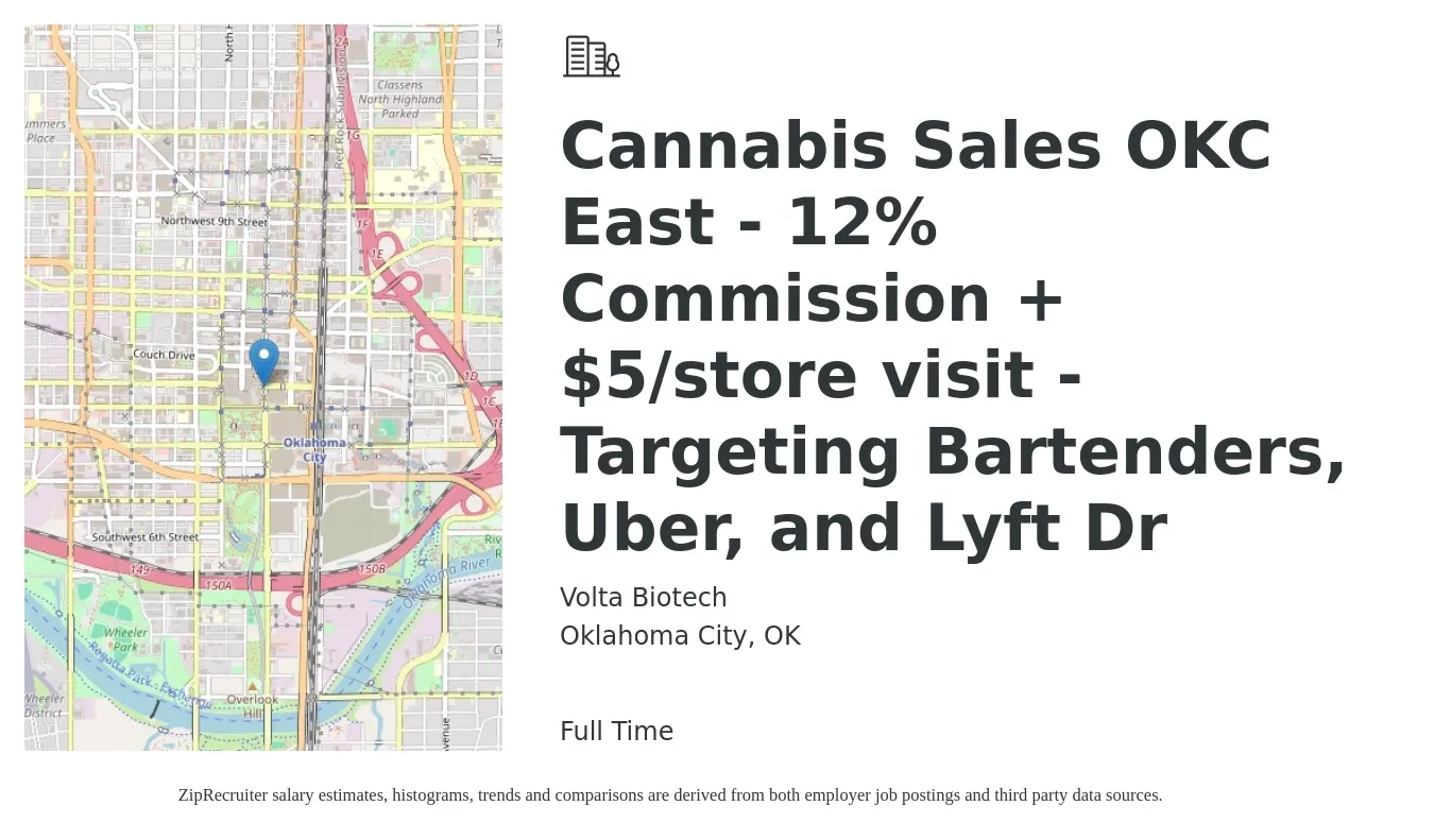 Volta Biotech job posting for a Cannabis Sales OKC East - 12% Commission + $5/store visit - Targeting Bartenders, Uber, and Lyft Dr in Oklahoma City, OK with a salary of $900 Weekly with a map of Oklahoma City location.