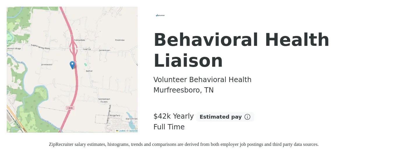 Volunteer Behavioral Health job posting for a Behavioral Health Liaison in Murfreesboro, TN with a salary of $42,000 Yearly with a map of Murfreesboro location.