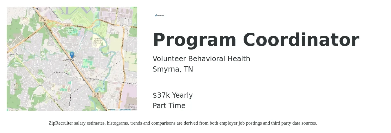 Volunteer Behavioral Health job posting for a Program Coordinator in Smyrna, TN with a salary of $37,000 Yearly with a map of Smyrna location.