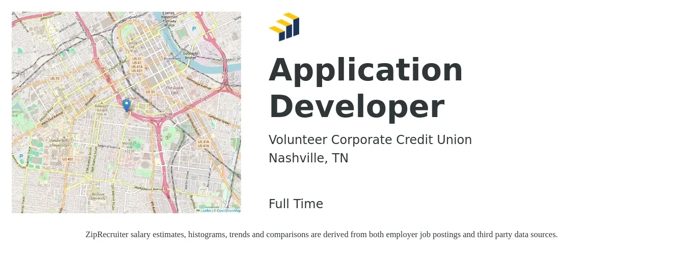 Volunteer Corporate Credit Union job posting for a Application Developer in Nashville, TN with a salary of $42 to $61 Hourly with a map of Nashville location.