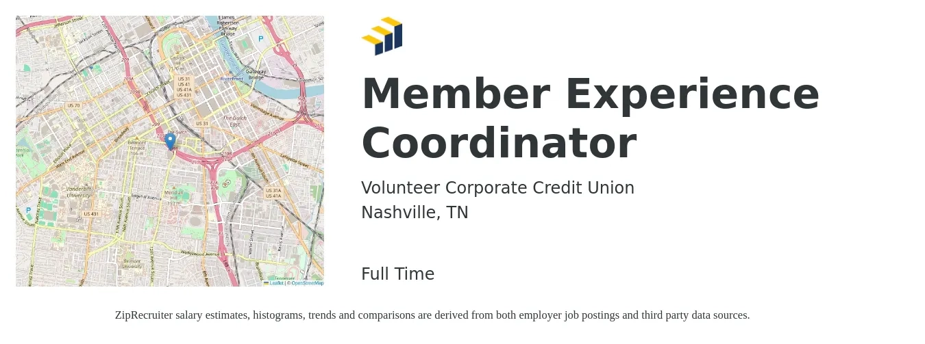 Volunteer Corporate Credit Union job posting for a Member Experience Coordinator in Nashville, TN with a salary of $16 to $23 Hourly with a map of Nashville location.