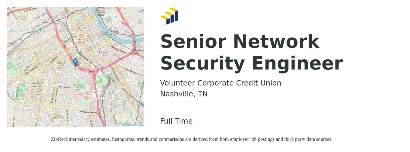 Volunteer Corporate Credit Union job posting for a Senior Network Security Engineer in Nashville, TN with a salary of $56 to $74 Hourly with a map of Nashville location.
