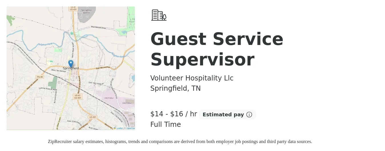 Volunteer Hospitality Llc job posting for a Guest Service Supervisor in Springfield, TN with a salary of $14 to $16 Hourly with a map of Springfield location.