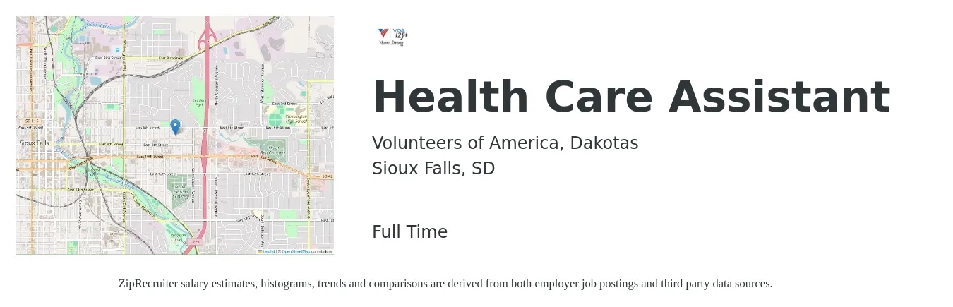 Volunteers of America, Dakotas job posting for a Health Care Assistant in Sioux Falls, SD with a salary of $17 to $22 Hourly with a map of Sioux Falls location.