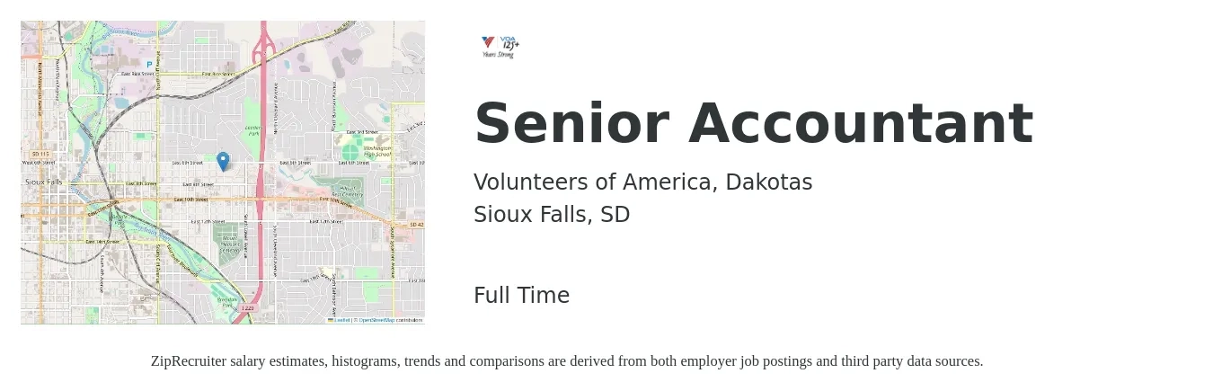 Volunteers of America, Dakotas job posting for a Senior Accountant in Sioux Falls, SD with a salary of $73,600 to $92,500 Yearly with a map of Sioux Falls location.