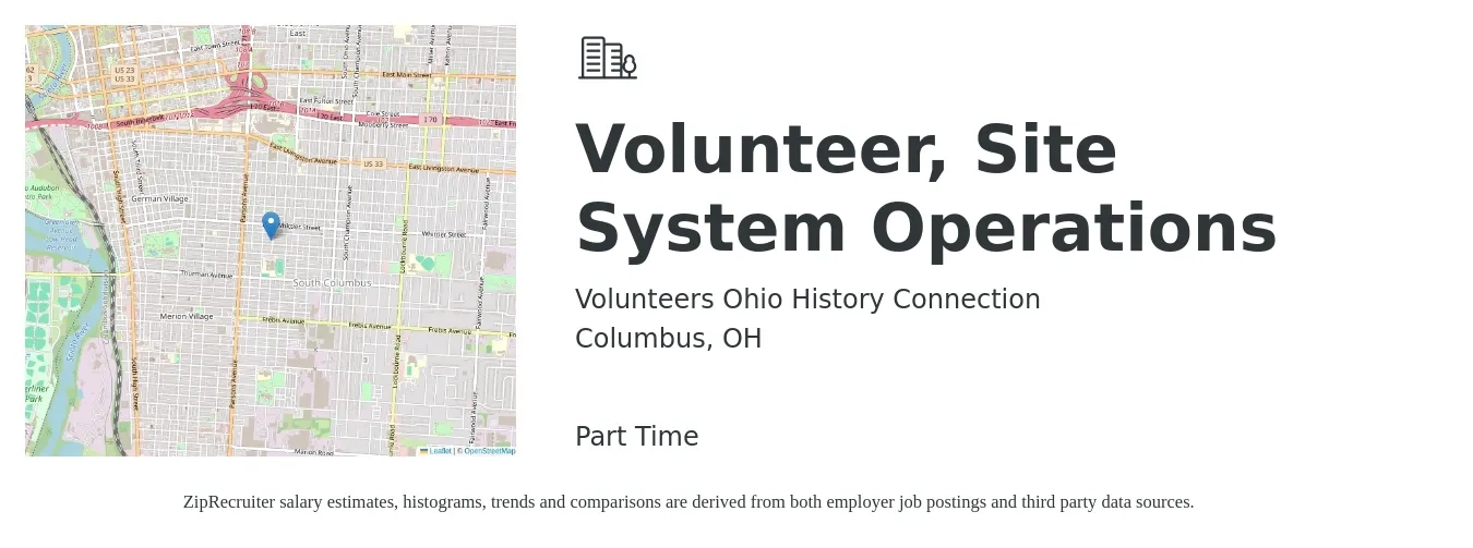 Volunteers Ohio History Connection job posting for a Volunteer, Site System Operations in Columbus, OH with a salary of $52,200 to $99,400 Yearly with a map of Columbus location.