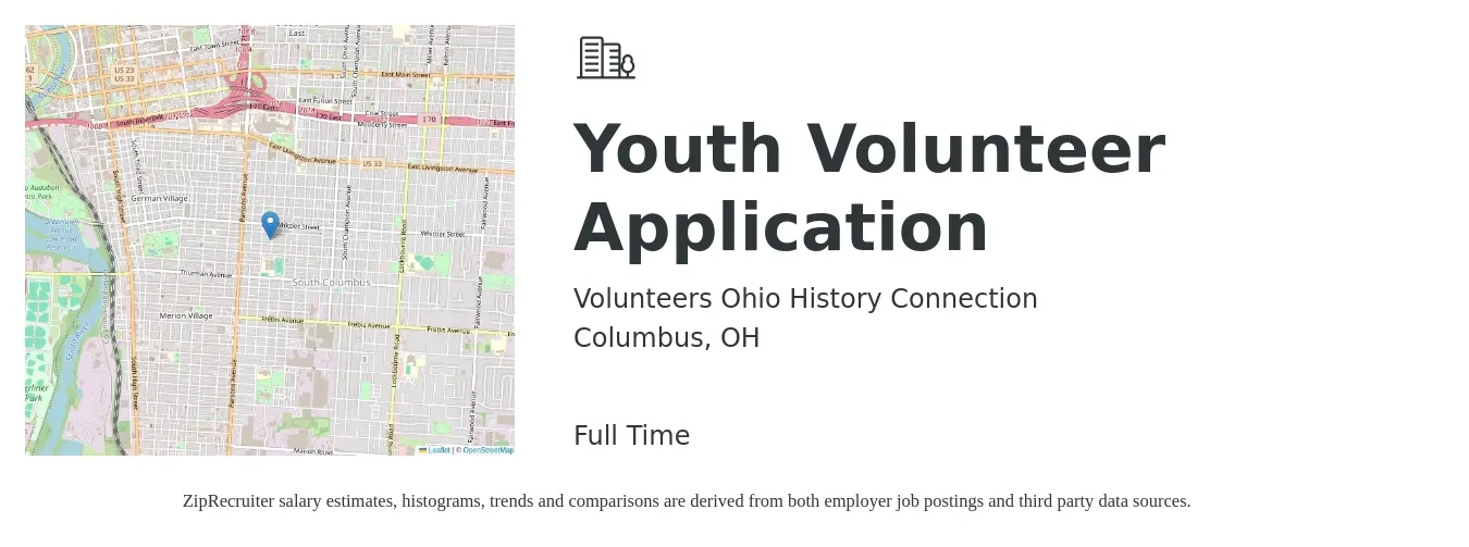 Volunteers Ohio History Connection job posting for a Youth Volunteer Application in Columbus, OH with a salary of $14 to $19 Hourly with a map of Columbus location.