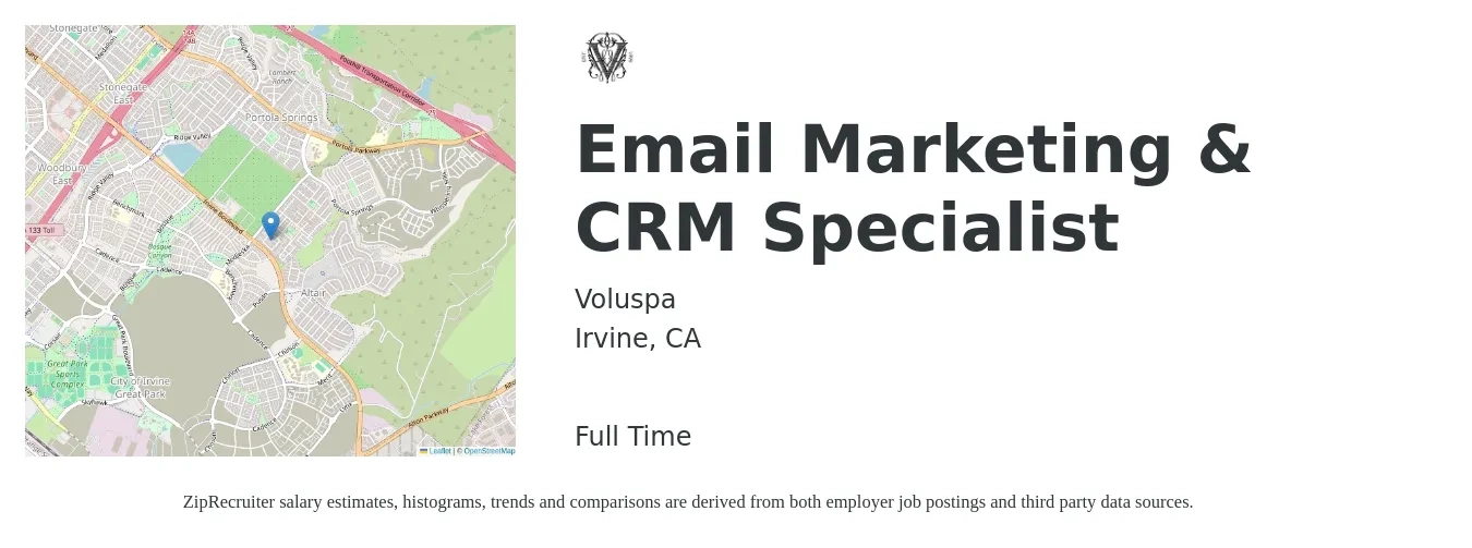 Voluspa job posting for a Email Marketing & CRM Specialist in Irvine, CA with a salary of $58,500 to $83,800 Yearly with a map of Irvine location.
