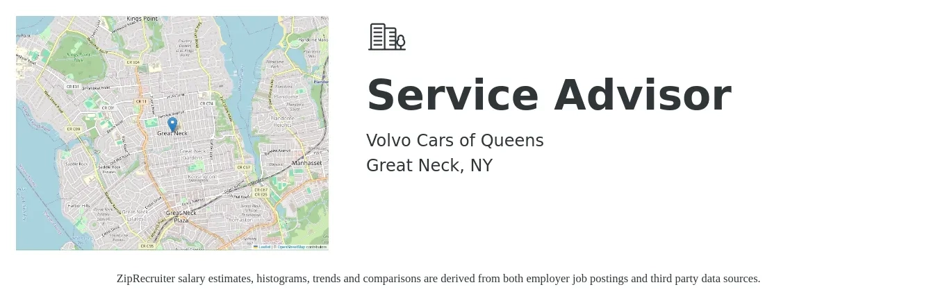 Volvo Cars of Queens job posting for a Service Advisor in Great Neck, NY with a salary of $21 to $34 Hourly with a map of Great Neck location.