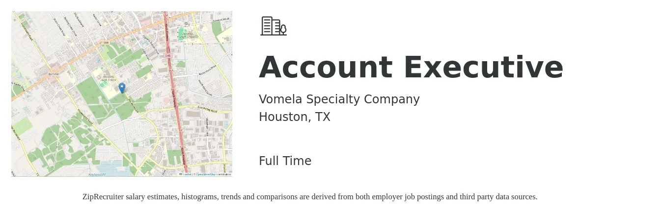 Vomela Specialty Company job posting for a Account Executive in Houston, TX with a salary of $51,500 to $90,700 Yearly with a map of Houston location.