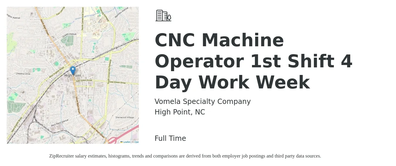 Vomela Specialty Company job posting for a CNC Machine Operator 1st Shift 4 Day Work Week in High Point, NC with a salary of $18 to $25 Hourly with a map of High Point location.