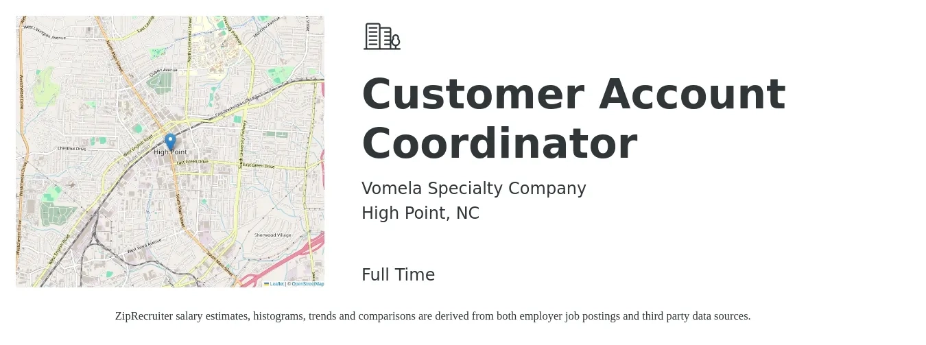 Vomela Specialty Company job posting for a Customer Account Coordinator in High Point, NC with a salary of $32,100 to $44,600 Yearly with a map of High Point location.