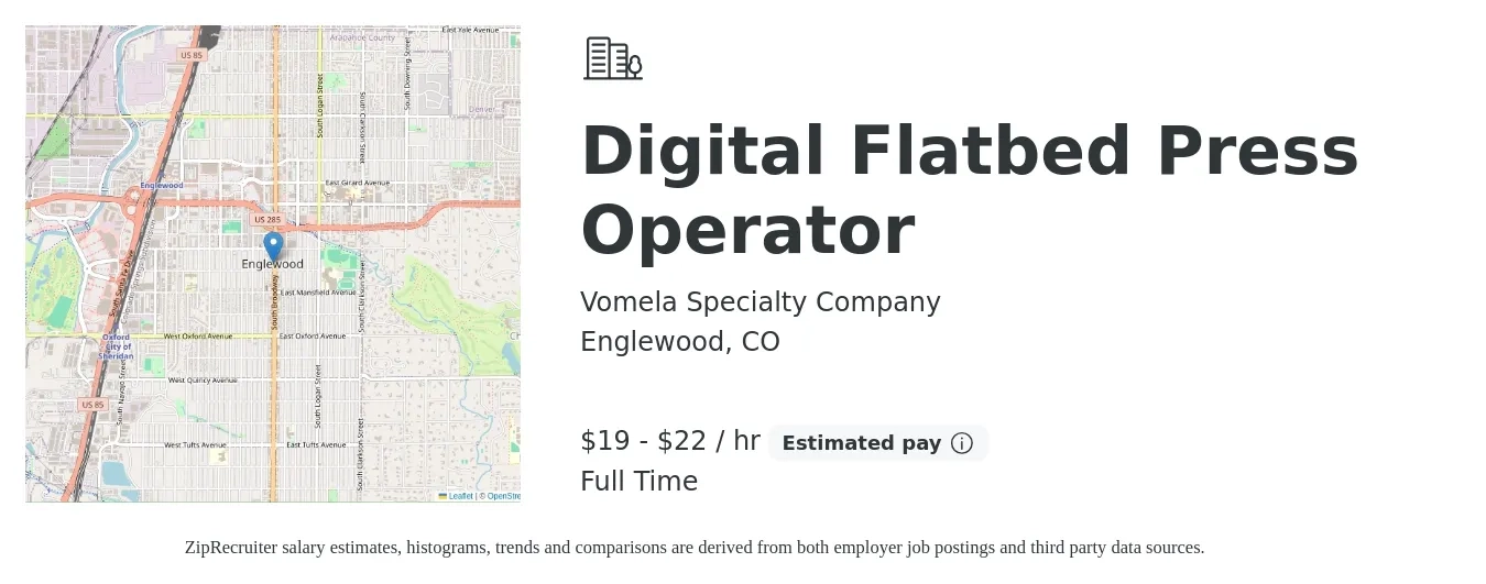 Vomela Specialty Company job posting for a Digital Flatbed Press Operator in Englewood, CO with a salary of $20 to $23 Hourly with a map of Englewood location.